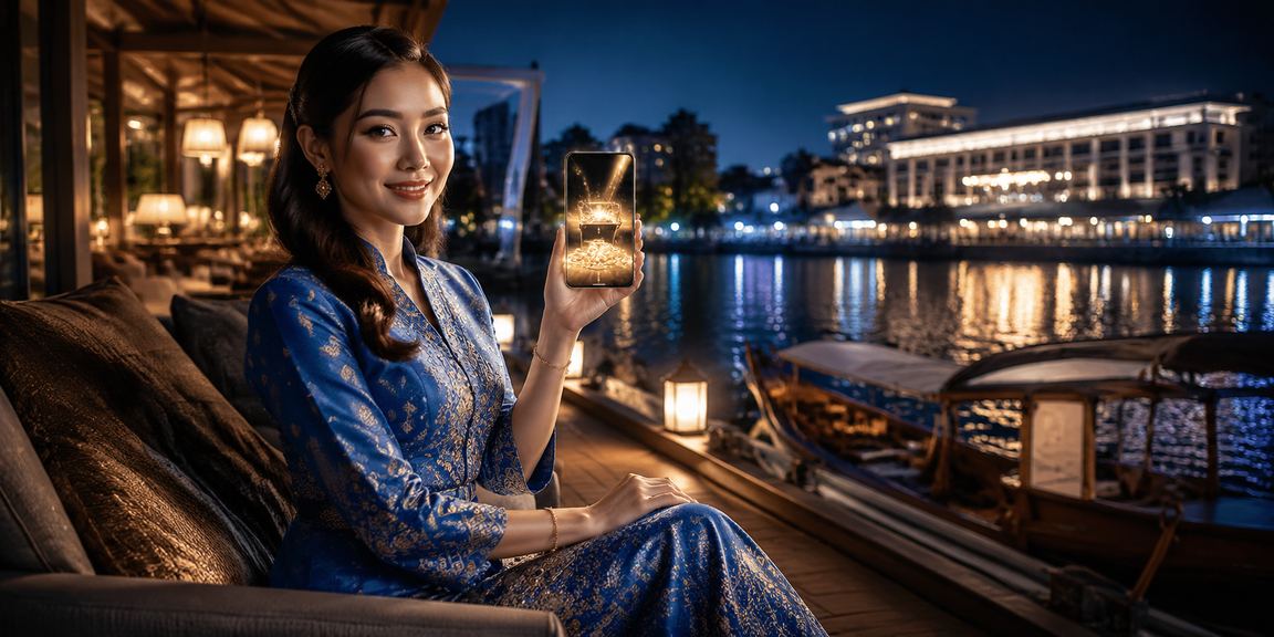 Pengguna Malaysia berpakaian baju kurung mengakses kasino mudah alih dengan privasi terjaga